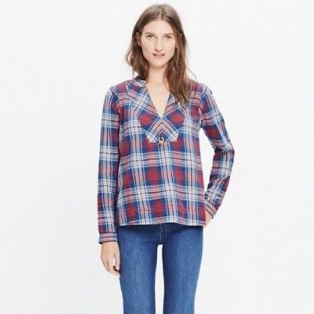 Madewell Indigo Dyed Popover Shirt in Casey Plaid Size Small